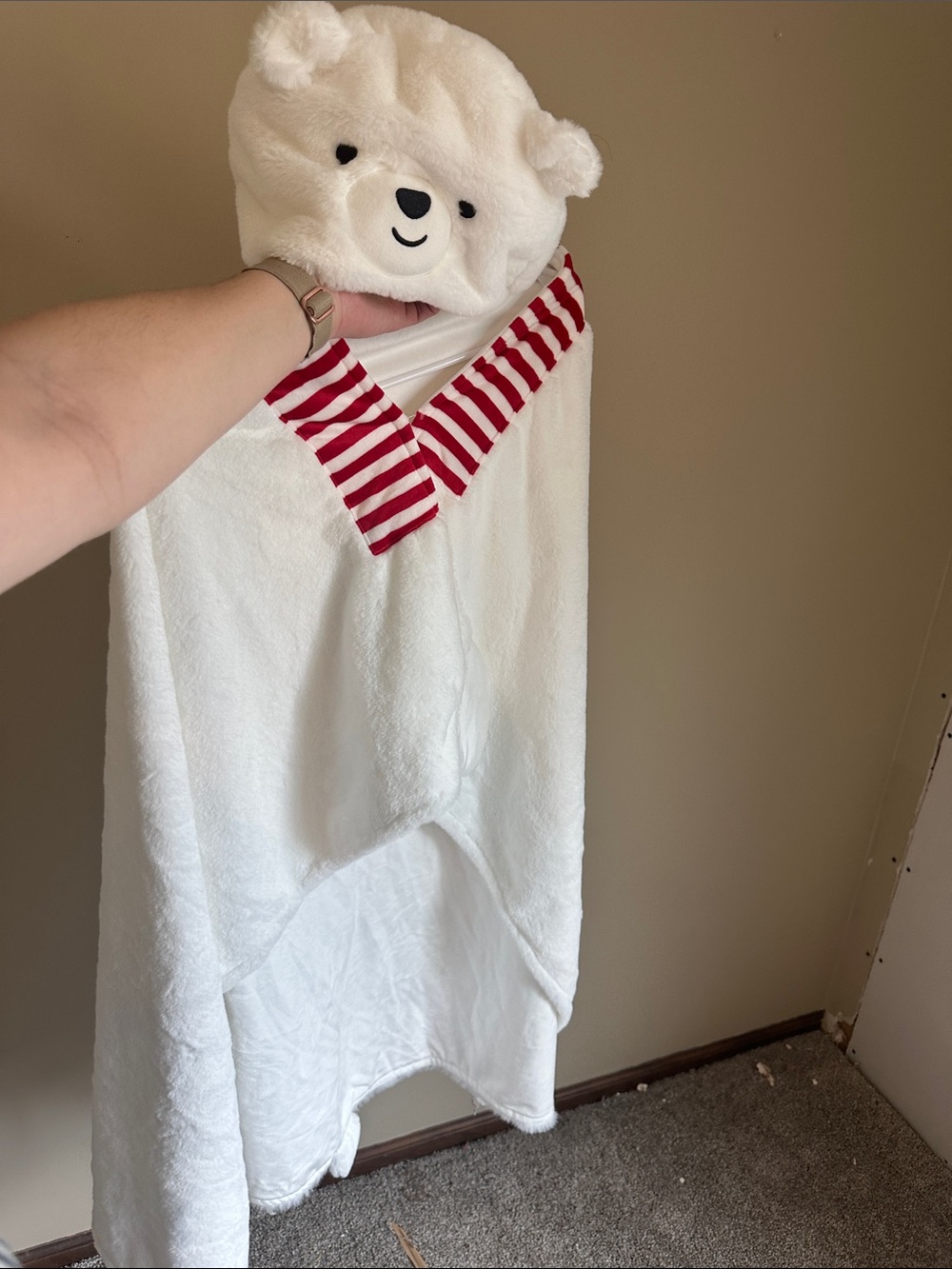 White Polar Bear Hooded blanket with Red Stripe Trim